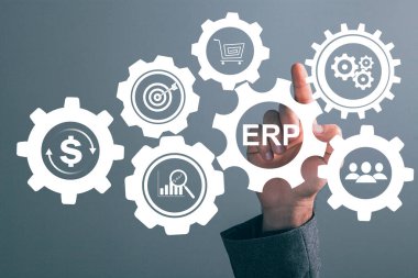 ERP and gear icons. Enterprise resource planning concept. Man tapping on the screen
