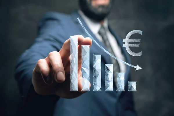 Graph Web Euro Icon Falling Rate Drop Man Tapping Screen — Zdjęcie stockowe