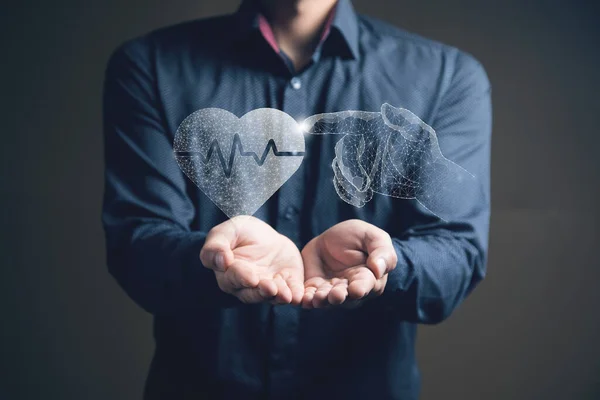 Illustrated Hand Presses Heart Web Health Care Concept Man Holding — Fotografia de Stock
