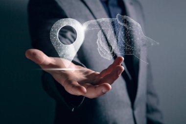 A hand from the network clicks on the GPS. Man holding in his hand