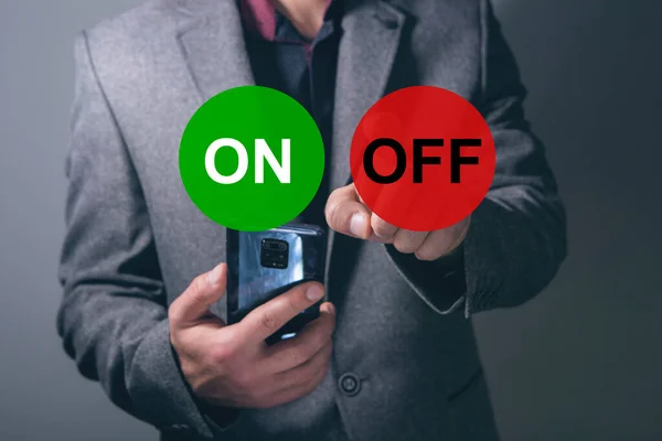 Buttons Background Green Red Man Presses Screen While Holding Phone — Fotografia de Stock