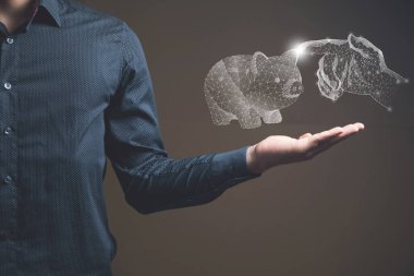 Clicks on a piggy bank from the network. Man holding in his hand