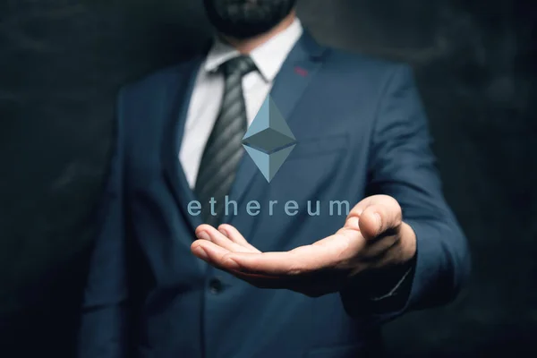 Ethereum Virtual Currency Image Cryptocurrency Man Holding His Hand — Zdjęcie stockowe