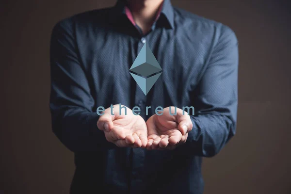 Ethereum Virtual Currency Image Cryptocurrency Man Holding His Hand — Zdjęcie stockowe