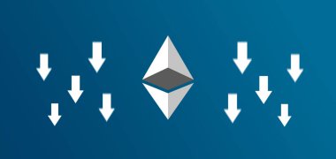 Cryptocurrency icon with down arrows. 