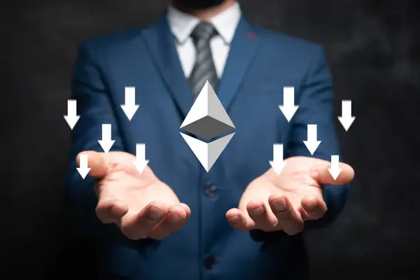 Cryptocurrency Icon Arrows Man Holding His Hand — Photo