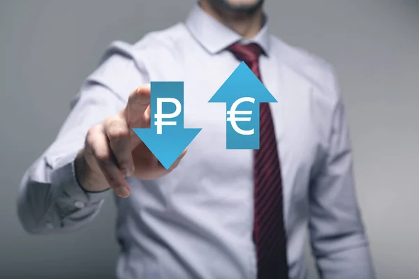 Ruble Euro Exchange Rate Arrows Man Tapping Screen — Stock Photo, Image