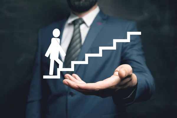 Homem Sobe Escadas Ilustração Homem Segurando Sua Mão — Fotografia de Stock