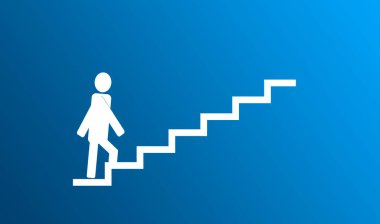 Adam merdivenleri çıkıyor. Mavi arkaplanda resim