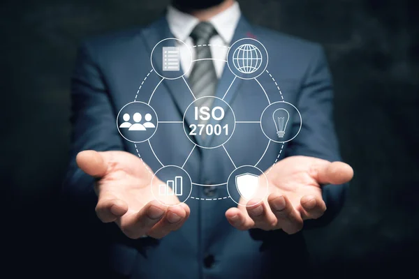 Iso 27001 Icons Man Holding His Hand — Stock Photo, Image