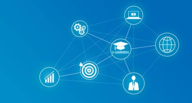 Mavi arkaplanda e-öğrenme ve ağ bağlantı simgeleri