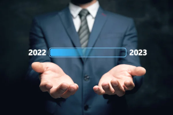 Loading 2022 2023 Businessman Holds His Hand — Stock Photo, Image