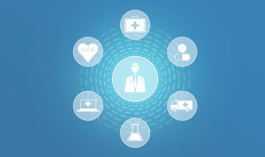 Sanal ekranda tıbbi simgeler. mavi arkaplan