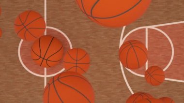 Basketbol sahasındaki arka planda düşen basket topları.