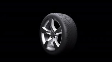Looping Car Tire, A slowly turning car tire with a stainless steel rim on a transparent background in a seamless loop.