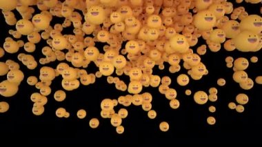 Social media Smile emoji icon on falling 3D balls. Transition begins and ends on a transparent alpha channel background for easy drag and drop!