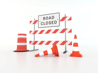 3d Render Road Closed Sign With Cones on White Background clipart