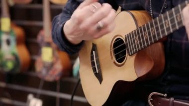 Müzisyen dört telli ukulele çalıyor..