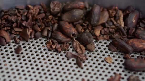 Roeren gebrande koffiebonen close-up. — Stockvideo