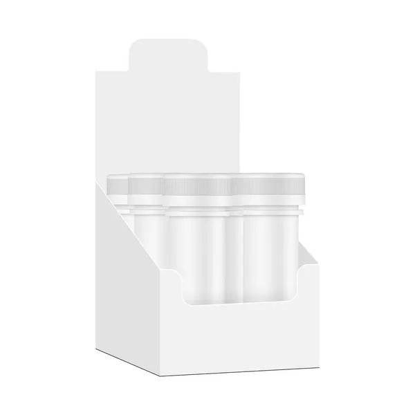 Display Box Met Plastic Buisjes Voor Vitaminen Bruistabletten Geïsoleerd Witte — Stockvector