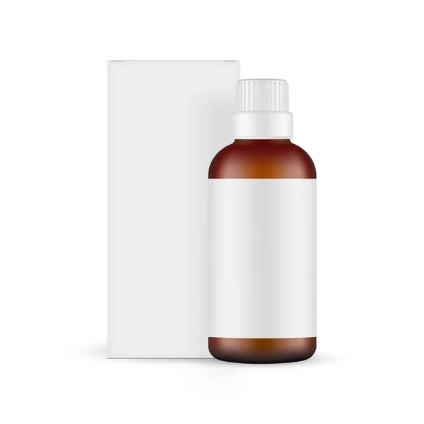 Botella Cosmética Ámbar Para Aceite Con Vista Frontal Caja Embalaje — Vector de stock