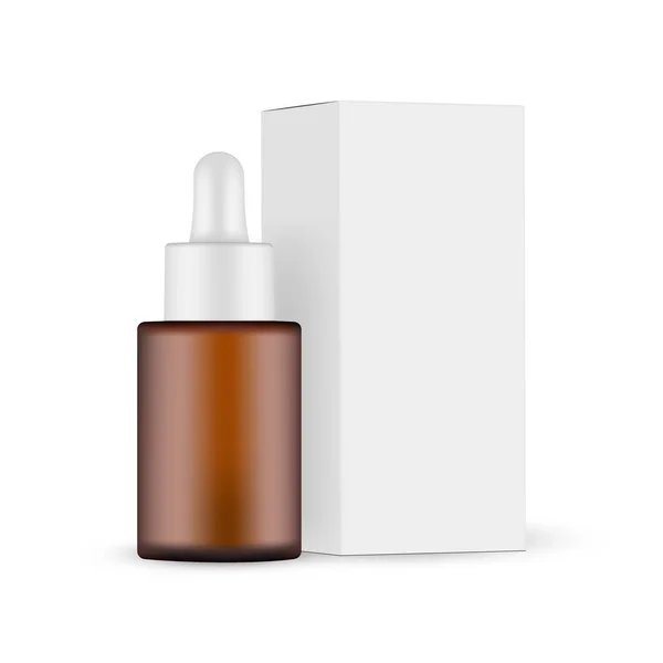 Amber Dropper Bottle Mockup Met Verpakking Box Side View Geïsoleerd — Stockvector