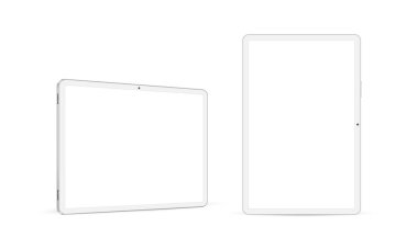 Tablet Bilgisayar Yatay ve Dikey Beyaz Mokup, Ön, Yan Görünüm. Vektör İllüstrasyonu