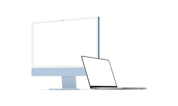 Computador Secretária Laptop Mockup Com Telas Branco Perspective Side View — Vetor de Stock