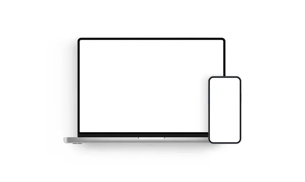 Laptop ve cep telefonu, beyaz arka planda izole edilmiş boş ekranlar. Vektör İllüstrasyonu