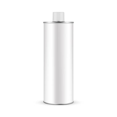 Zeytinyağı için boş teneke şişe maketi, beyaz arka planda izole edilmiş. Vektör İllüstrasyonu