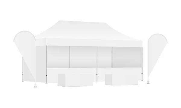 Rektangulär Kapell Tält Med Flaggor Demonstrationstabeller Utrustning För Utställning Står — Stock vektor