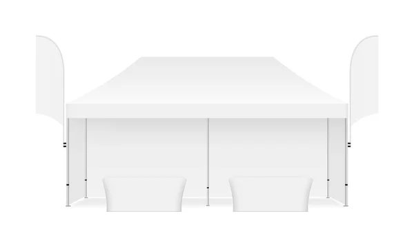 Rektangulära Tält Med Flaggor Och Demonstrationstabeller Front View Vektor Illustration — Stock vektor