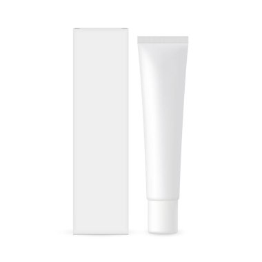 Karton kutulu plastik kozmetik tüp, ön görüş, beyaz arka planda izole edilmiş. Vektör İllüstrasyonu