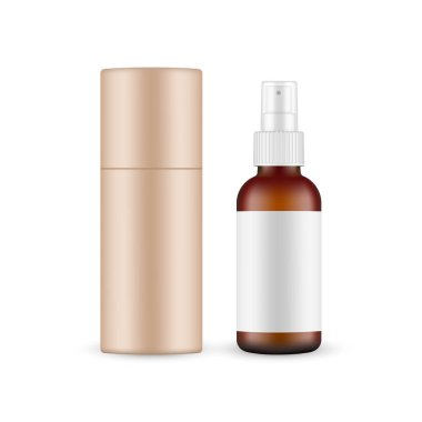 Kraft Kağıt Tüplü Amber Spray Şişe Mockup, beyaz arka planda izole. Vektör İllüstrasyonu
