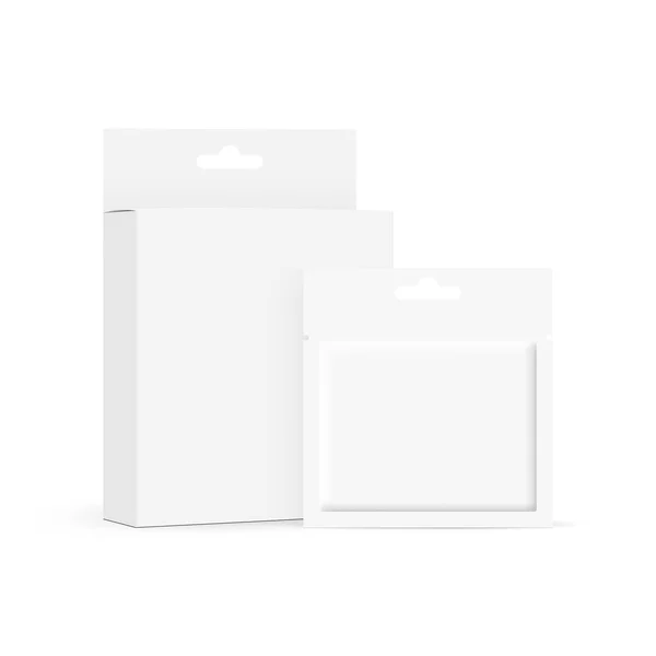 白い背景に隔離された ハンタブ付きの包装箱付き化粧品サシェ ベクターイラスト — ストックベクタ
