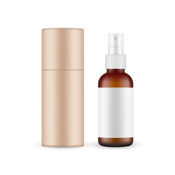 Kraft Kağıt Tüplü Amber Spray Şişe Mockup, beyaz arka planda izole. Vektör İllüstrasyonu