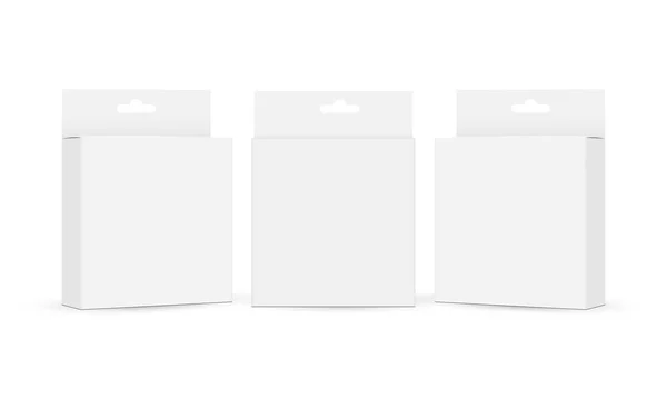 白い背景に隔離された ハング サイド および フロント ビューを備えた正方形のパッケージボックスのセット ベクターイラスト — ストックベクタ