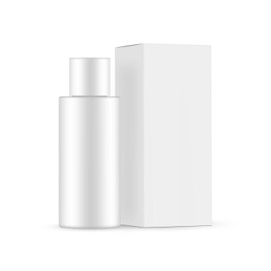 Blank Cosmetic Bottle Mockup with Packaging Box Side View, Isolated on White Background. Vector Illustration