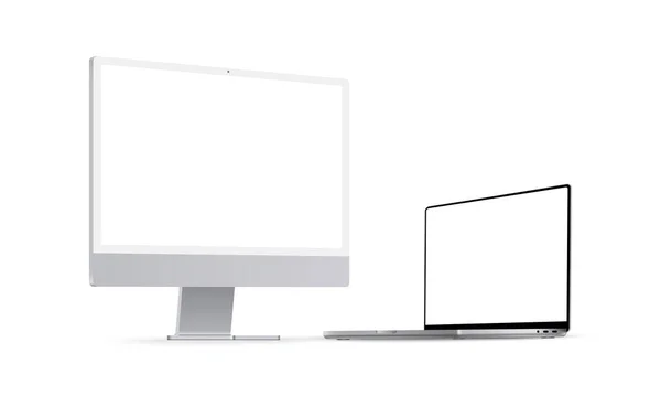 Monitor Computador Laptop Mockups Com Visão Lateral Prospectiva Mostre Seu —  Vetores de Stock