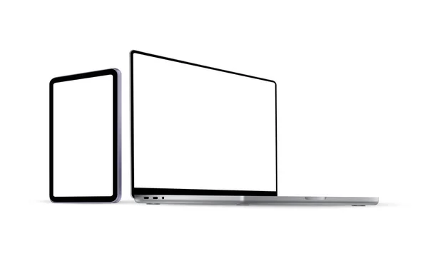 Laptop ve Tablet Modelleme Perspektif Taraflı, Beyaz Arkaplan 'da izole. Web sitenizi ya da mobil tasarım projenizi gösterin. Vektör illüstrasyonu