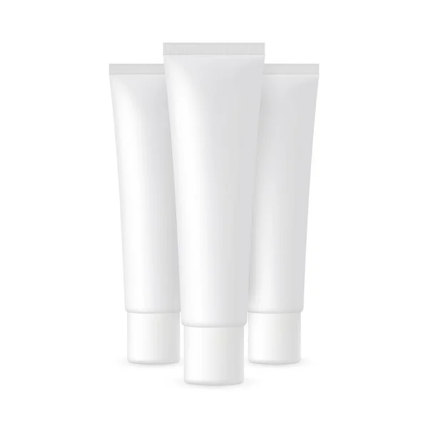 Trzy Plastikowe Tuby Kosmetyczne Makiety Izolowane Białym Tle Ilustracja Wektora — Wektor stockowy