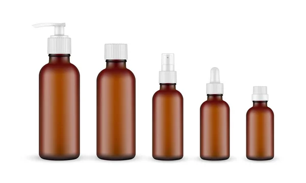 Set Amber Flessen Met Pomp Spuitbus Druppelaar Voor Cosmetische Producten — Stockvector