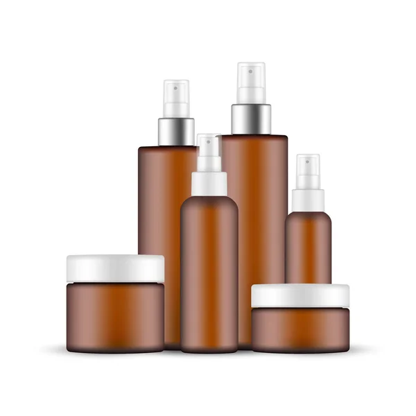 Plastic Amber Cosmetic Packaging Mockup Jar Small Big Spray Bottles — Stock Vector