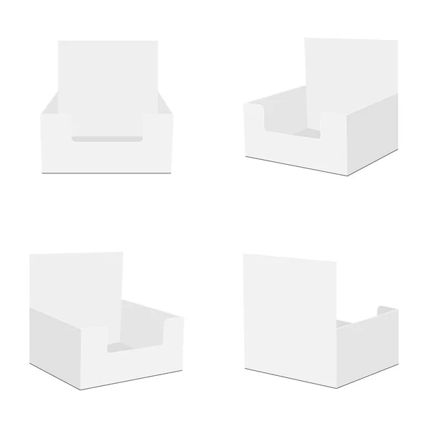 Cajas Visualización Mostrador Cartón Vacío Mockups Frontal Lateral Vista Trasera — Vector de stock