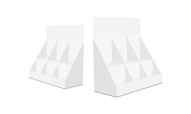 Raflı karton ekran kutuları, yan görünüm, beyaz arka planda izole edilmiş. Vektör illüstrasyonu