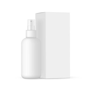 Beyaz arka planda izole edilmiş, Karton Kutu Kenar Görünümlü Boş Kozmetik Spreyin Şişe Modeli. Vektör İllüstrasyonu