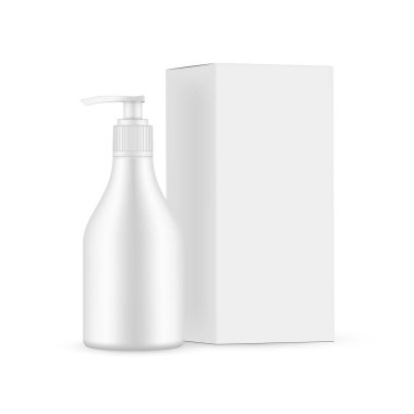 Beyaz arka planda izole edilmiş, Pompalı Plastik Kozmetik Şişe, Kağıt Paket Kutusu. Vektör İllüstrasyonu