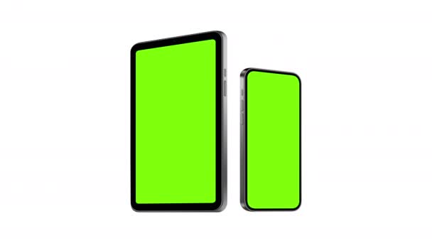 Animierte Tablet Und Handy Attrappen Mit Grünen Bildschirmen Seitenansicht Isoliert — Stockvideo
