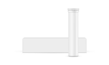 Effervescent tabletleri için tüp, Aspirin ya da uzun ambalajlı vitaminler, ön görüş, beyaz arka planda izole edilmiş. Vektör İllüstrasyonu