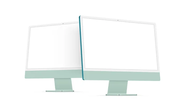 Monitores Verdes Modernos Com Telas Branco Vista Lateral Ilustração Vetorial — Vetor de Stock